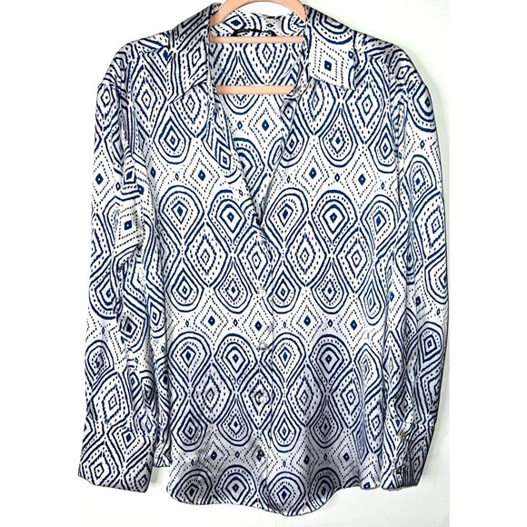 Zara Womens Blue & White Geometric Print Button-Up Shirt Top Medium - Picture 1 of 3